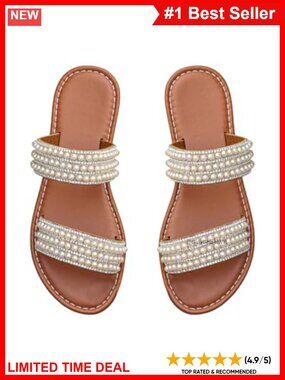 Women's Pearl Rhinestone Double Strap Open Toe Slide Sandals Wedding Flats